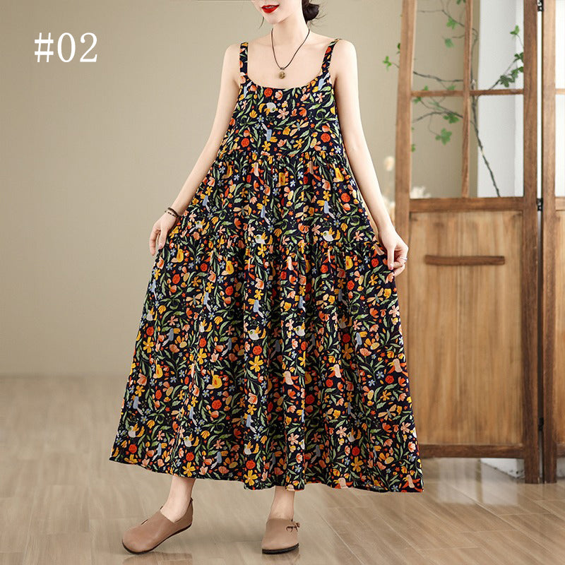 全6柄展開【ワンピース】 綿麻素材 花柄キャミワンピース｜ゆったり大きめサイズ＆ロング丈 ノースリーブワンピース【SHシリーズ】