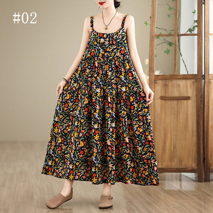 全6柄展開【ワンピース】 綿麻素材 花柄キャミワンピース｜ゆったり大きめサイズ＆ロング丈 ノースリーブワンピース【SHシリーズ】