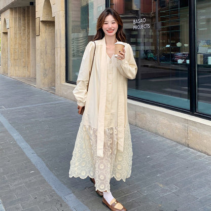 【ワンピース】フレンチエレガント レース切替 長袖ワンピース レディース デザイン性 優しげムード リボン付きロングドレス【JZシリーズ】