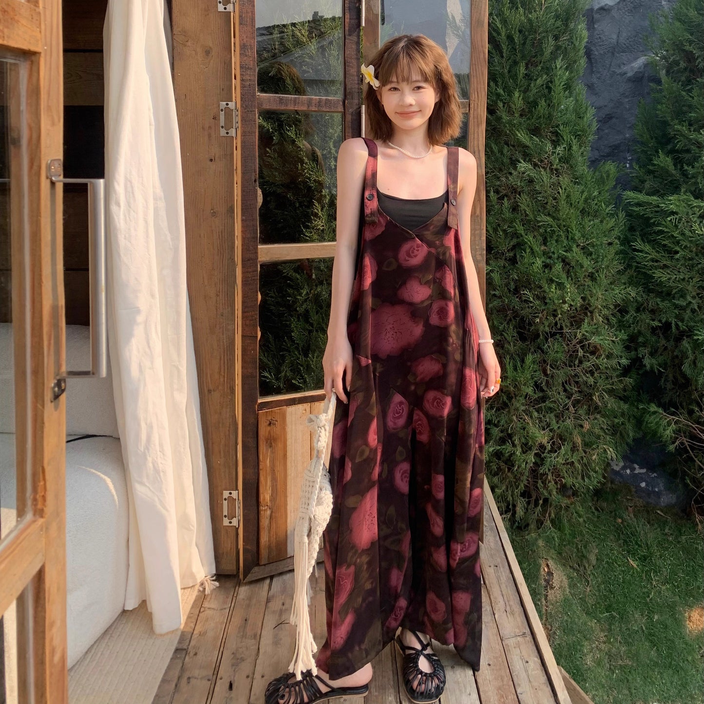 【ボトムス】夏新作 リラックス感たっぷり 山茶ローズ柄 オーバーサイズサロペット ゆった オールインワン【SHシリーズ】