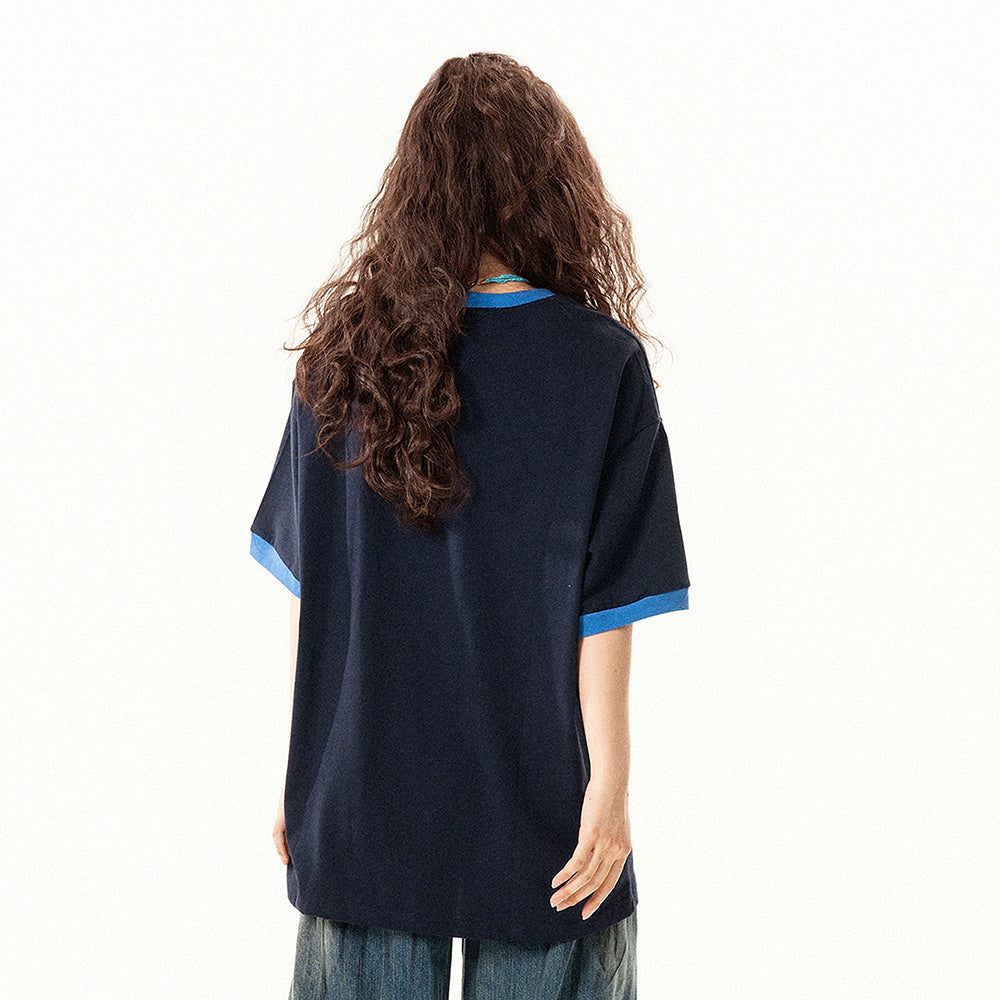 【トップス】アメリカンレトロ ロゴプリント 半袖Tシャツ レディース 夏 ゆったり デザイン感 バイカラー ラウンドネック【FCシリーズ】【15〜20日発送】