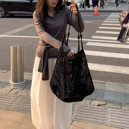 【バッグ】海辺バカンス 透かし編みストローバッグ 大容量編みバッグ カジュアルショルダーバッグ