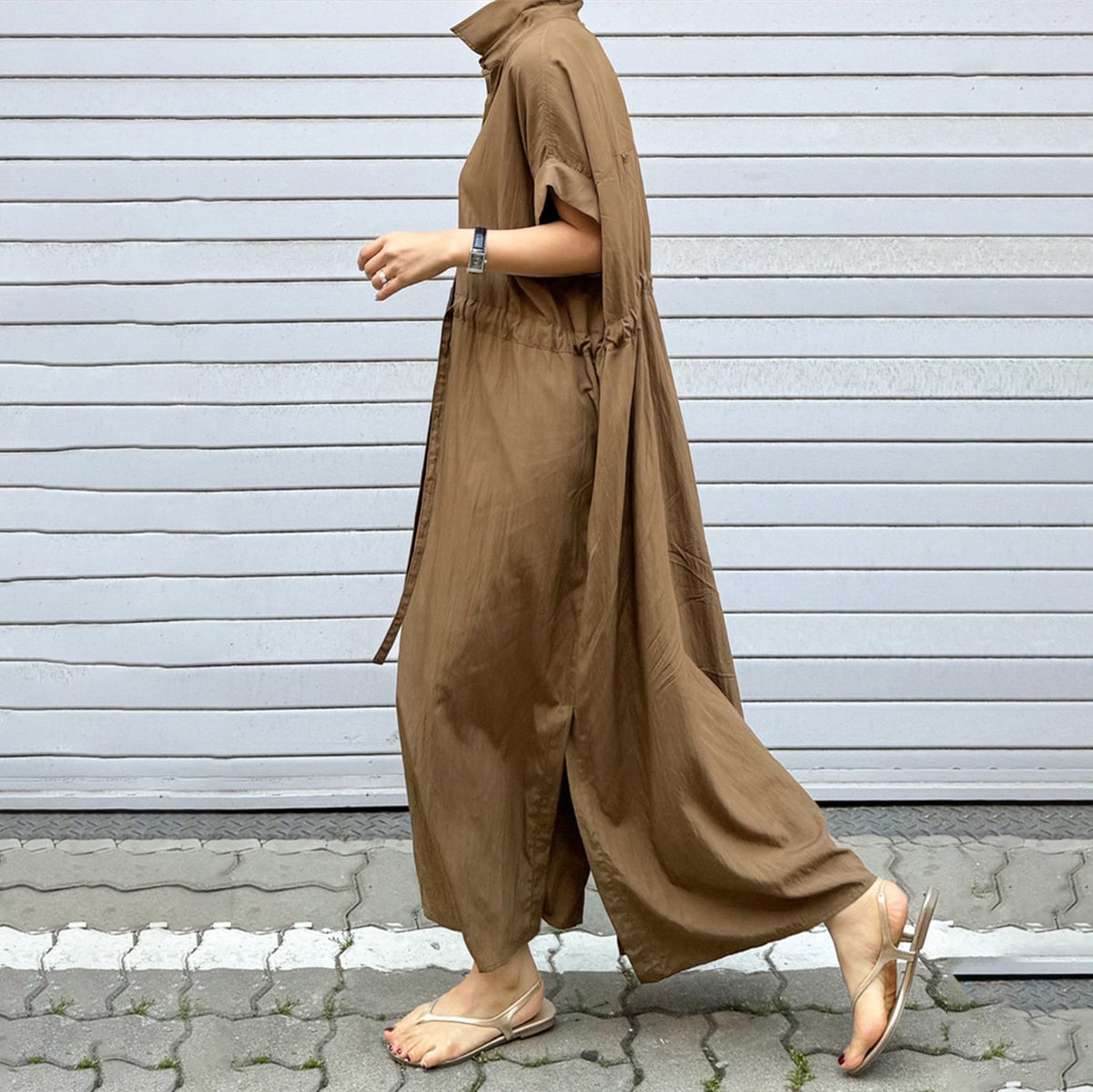 [洋裝] 春秋寬鬆開叉高腰休閒短袖洋裝