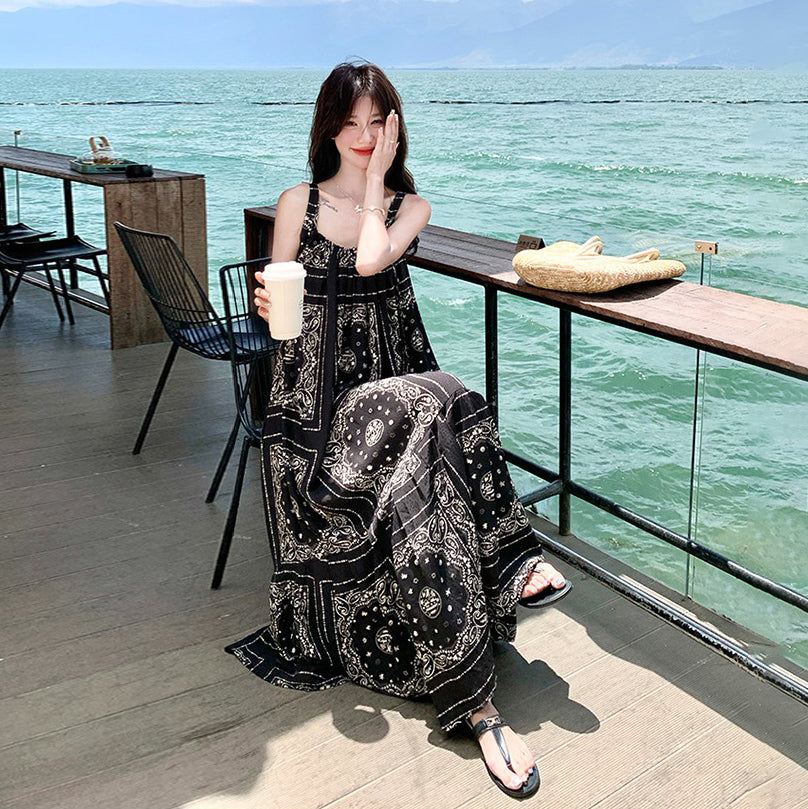 【ワンピース】フレンチヴィンテージ ボヘミアン ノースリーブワンピース 夏 高見え キャミソールロングドレス【SHシリーズ】