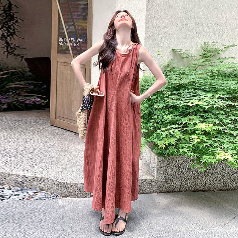 【ワンピース】フレンチ風 ノースリーブピンクワンピース 夏 細見えエレガント ロングドレス【JZシリーズ】