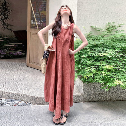 【ワンピース】フレンチ風 ノースリーブピンクワンピース 夏 細見えエレガント ロングドレス【JZシリーズ】