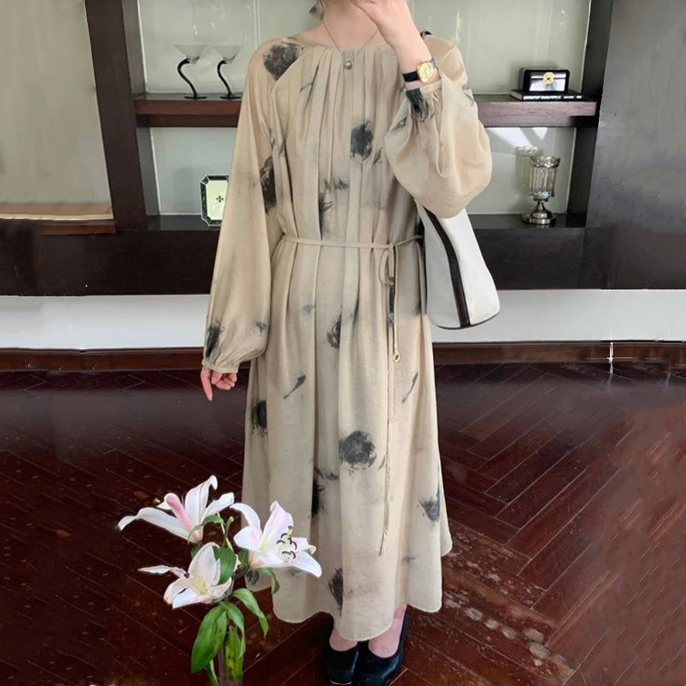 【ワンピース】春秋 レトロ 気質よい プリント シャーリング 着痩せ 長袖ワンピース