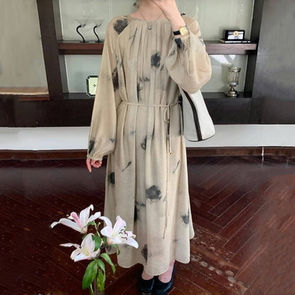 【ワンピース】春秋 レトロ 気質よい プリント シャーリング 着痩せ 長袖ワンピース