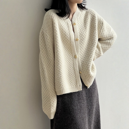 【アウター】パイナップル柄 ハートボタン  クルーネック ニット カーディガン 【JZシリーズ】