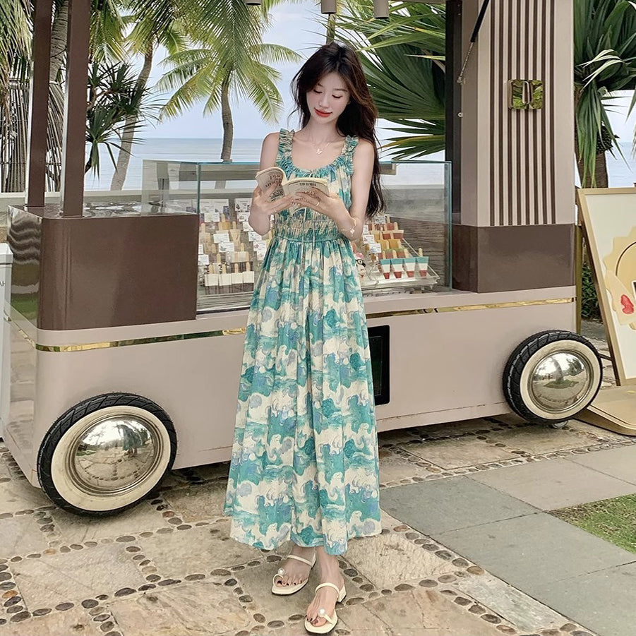 【ワンピース】夏 フレンチ風 旅行リゾート風 フラワープリント ノースリーブキャミソールワンピース【SHシリーズ】