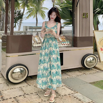 【ワンピース】夏 フレンチ風 旅行リゾート風 フラワープリント ノースリーブキャミソールワンピース【SHシリーズ】