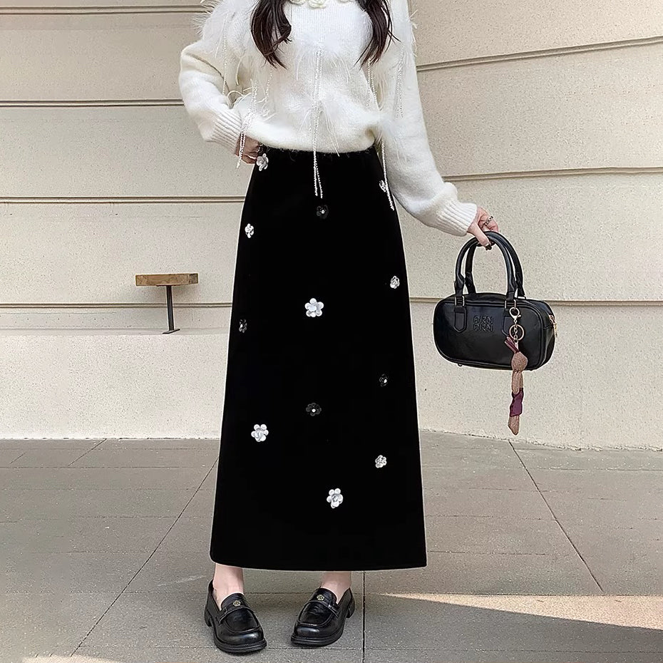 【ボトムス】裏起毛 ロングスカート Aライン スリット入り ヒップカバー 落ち感 ベロア調 厚手 秋冬 レディース【JZシリーズ】