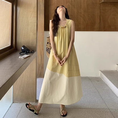 【ワンピース】切り替え ライトイエロー ノースリーブ タンクワンピース レディース 夏 ゆったり スタイルアップ ロング丈【JZシリーズ】