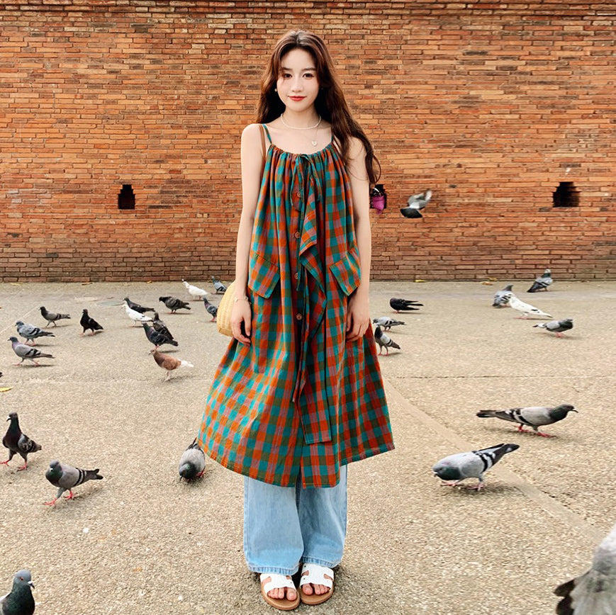【ワンピース】バイカラー チェック柄 レイヤード風 ノースリーブワンピース レディース 夏 ゆったり 上品 トレンド感 ロングドレス【SHシリーズ】