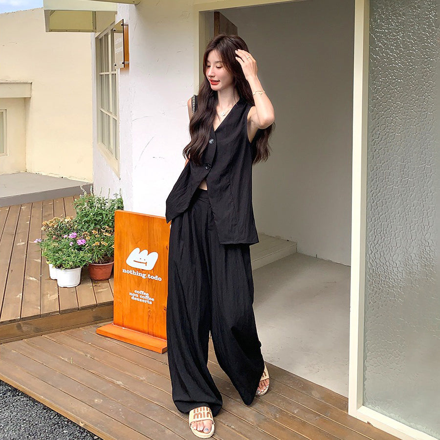 2点セット！【セットアップ】通勤＆デイリー兼用 バックレスデザイン ジレ＋ワイドパンツ 上下セット【JZシリーズ】【SNシリーズ】