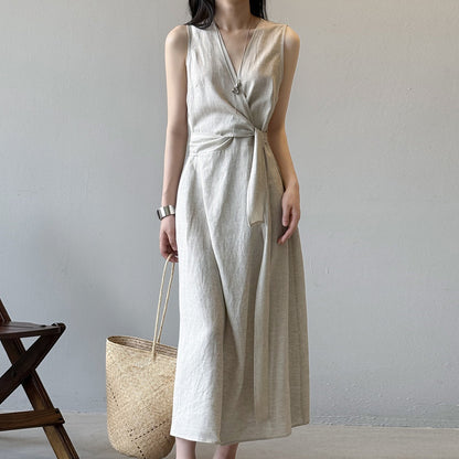 【ワンピース】夏新作 フレンチスタイル ノースリーブ Vネック 着痩せ効果 韓国風 ワンピース【JZシリーズ】