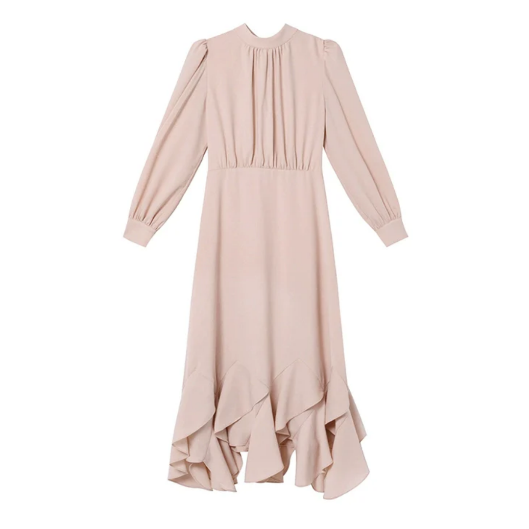 【ワンピース】春 秋 冬 花柄裾デザイン 通勤コーデ 立体裁断切り替え 長袖 ワンピース 【JZシリーズ】