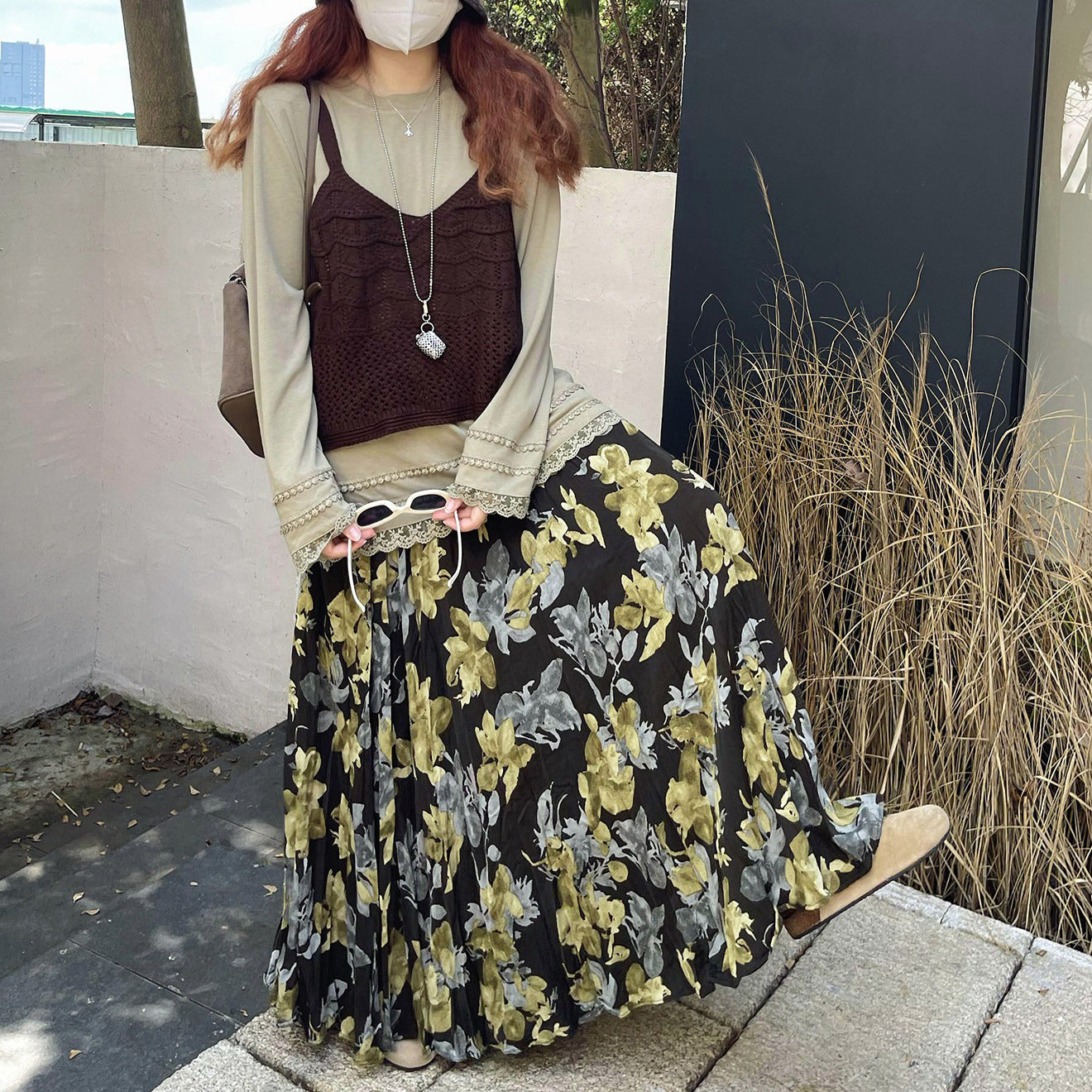 【ボトムス】ヴィンテージ風 フレアスカート 新作 ウエストゴム 花柄 ロング【SHシリーズ】