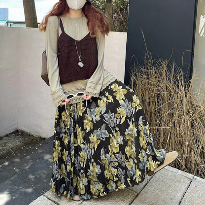 【ボトムス】ヴィンテージ風 フレアスカート 新作 ウエストゴム 花柄 ロング【SHシリーズ】