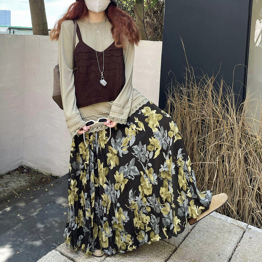 【ボトムス】ヴィンテージ風 フレアスカート 新作 ウエストゴム 花柄 ロング【SHシリーズ】