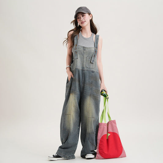 【ボトムス】ヴィンテージデニム サロペット レディース ワイドパンツ ルーズフィット ワークスタイル カジュアル オールインワン【JZシリーズ】