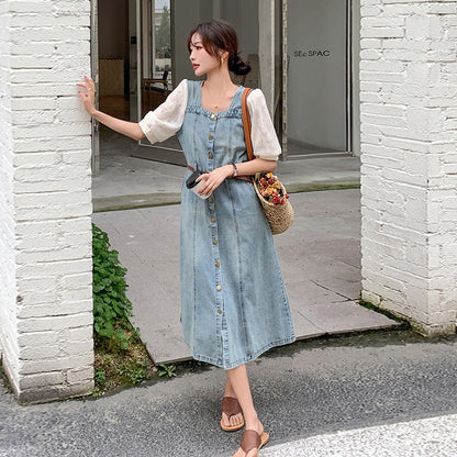 【ワンピース】ウエストマークで細見え デニム 半袖 ワンピース 夏 カジュアル＆甘めフェミニンスタイル【JZシリーズ】