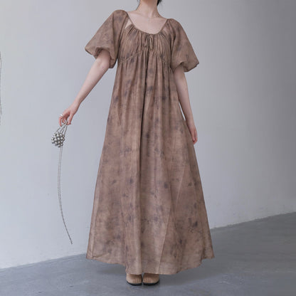 【ワンピース】新中式 禅スタイル 枯色染め アート感漂う 半袖ワンピース【SHシリーズ】