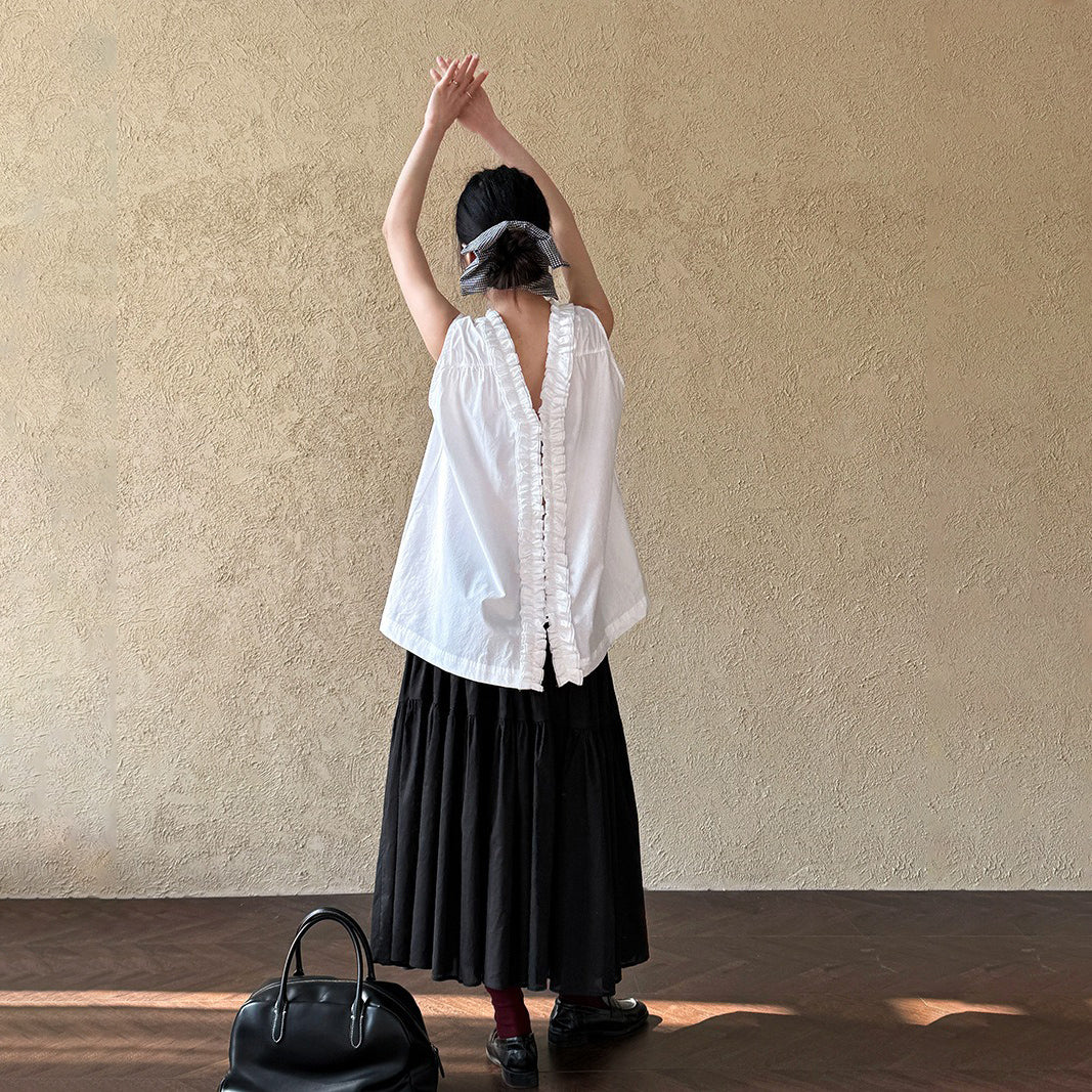 【トップス】前後2WAY フレンチ風 花びらネックフリルデザイン ノースリーブブラウス【JZシリーズ】