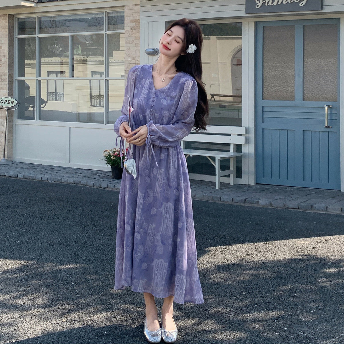 【ワンピース】フレンチ花柄ロングワンピース レディース 春秋 Vネック ハイウエスト フェミニン パープル【SHシリーズ】