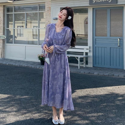 【ワンピース】フレンチ花柄ロングワンピース レディース 春秋 Vネック ハイウエスト フェミニン パープル【SHシリーズ】