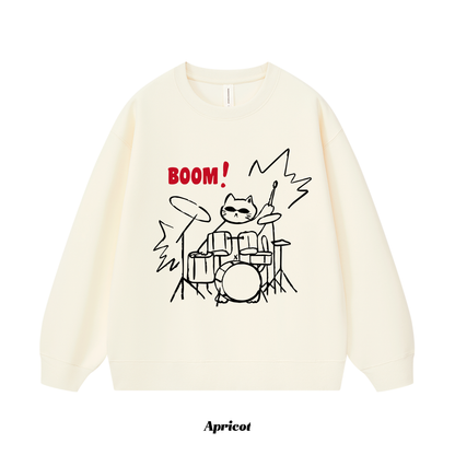 7カラー | S~3XL【トップス】ロックドラムキャット 手描き風アメリカンプリント クルーネックスウェット 秋 ユニセックス ルーズ パーカー【FCシリーズ】