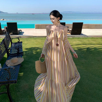 【ワンピース】リゾート ストライプ ノースリーブ キャミワンピース レディース 夏新作 海辺 バリ島 ビーチ ロング丈 フレンチ【SHシリーズ】