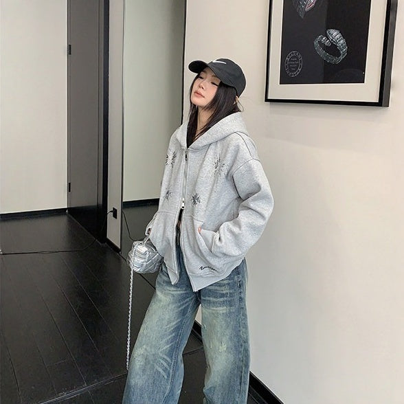 【アウター】刺繍 レトロ スパンコール ショート丈 フード付き ジャケット 【FCシリーズ】