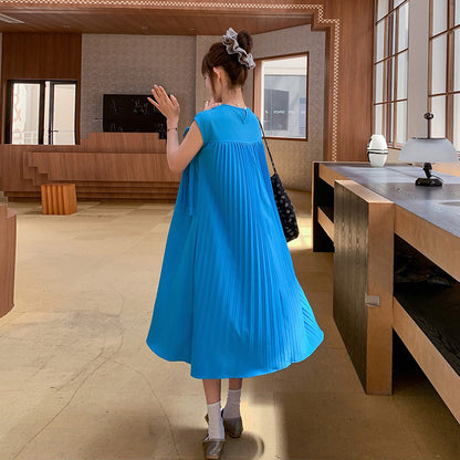 【ワンピース】韓国風 無地ルーズ ノースリーブワンピース 夏 抽紐デザイン ビーチリゾートロングドレス【JZシリーズ】