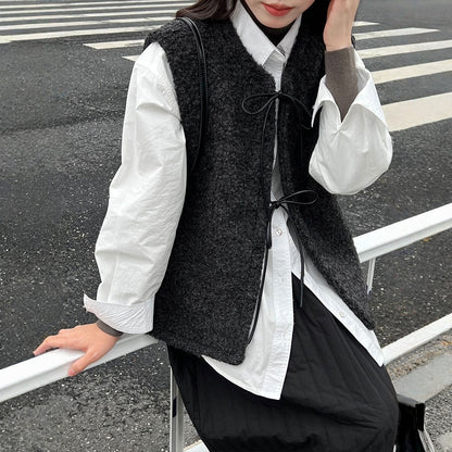 【トップス】春 秋 冬 コーデュロイ風レザー レースアップ ベスト  【JZシリーズ】