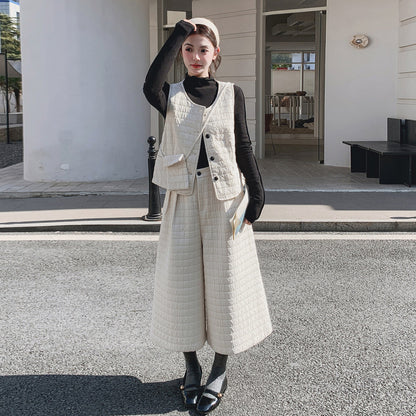 3点セット！【セットアップ】春新作 フェミニン×上品 グレー ベスト＋ワイドパンツ＋インナー 上下セット 通勤 オシャレ見え 大人可愛い【JZシリーズ】