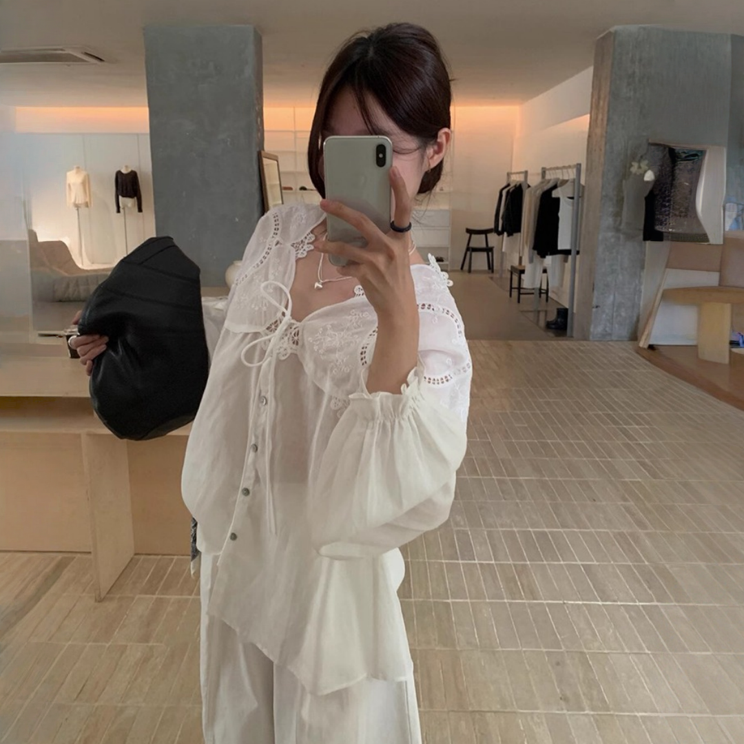 【トップス】春 秋 夏 透かし彫り 切り替え レース 刺繍 シャツ 【JZシリーズ】