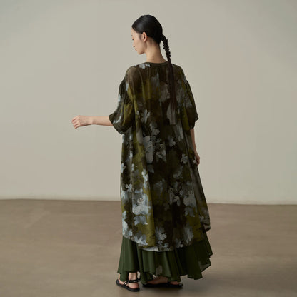 【トップス】シャツ レディース 水墨花柄 シフォン ロングシャツ 長袖 UVカット 羽織り ゆったり【JZシリーズ】【SHシリーズ】【10～15日内発送】