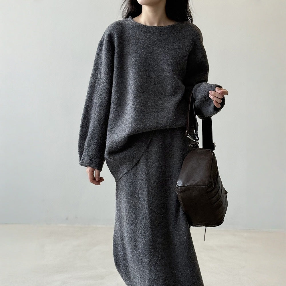 【セットアップ】春 秋 冬 ラウンドネック セーター + 着痩せ効果 スカート 2点上下セット 【SNシリーズ】