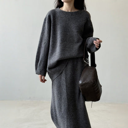 【セットアップ】春 秋 冬 ラウンドネック セーター + 着痩せ効果 スカート 2点上下セット 【SNシリーズ】