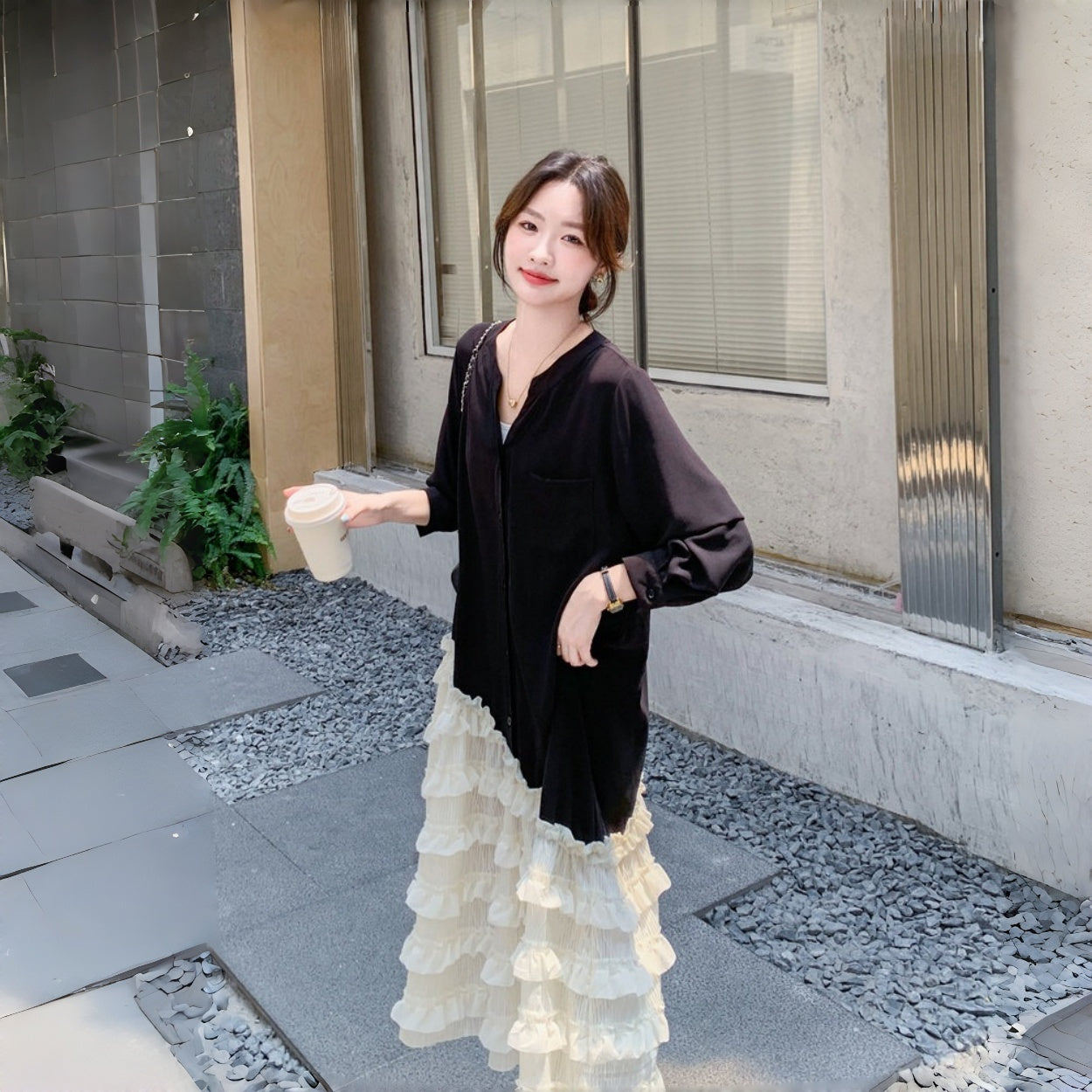 【ワンピース】アシンメトリー フリル レース 切り替えし カジュアル 長袖ワンピース【JZシリーズ】