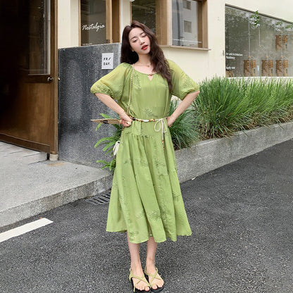 【ワンピース】森系 重工刺繍 パフスリーブ 夏 フレンチ風 半袖ワンピース【SHシリーズ】