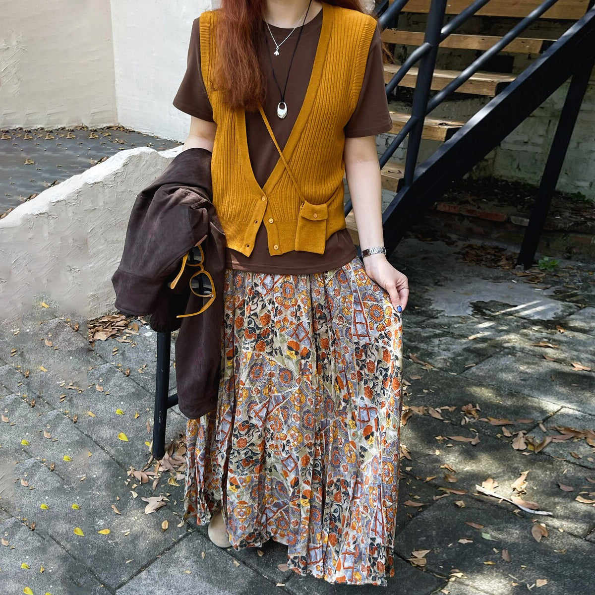 【ボトムス】花柄デザイン ハイウエスト ロングスカート Aライン 落ち感【SHシリーズ】