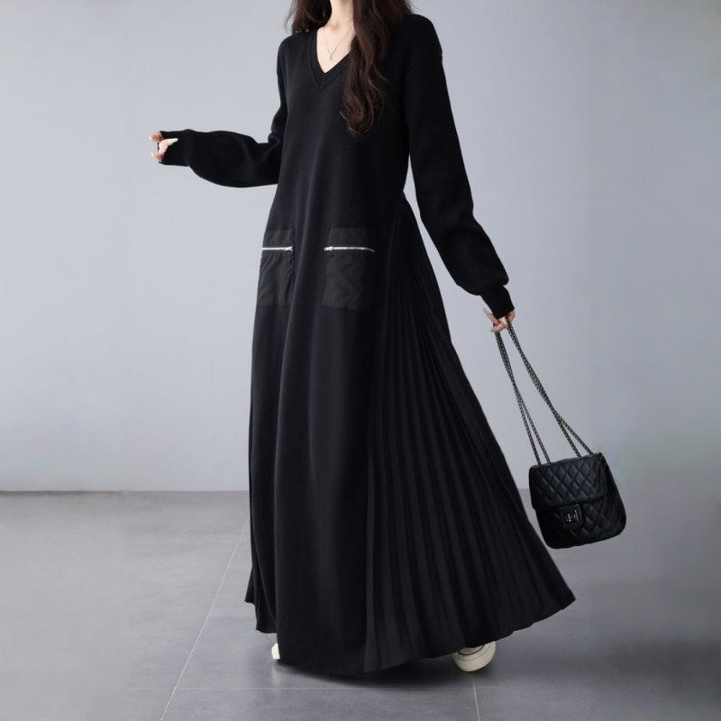 👀注目の新作👀【ワンピース】春 秋 冬 Vネック ニット プリーツ 長袖 ファスナー ワンピース 【JZシリーズ】