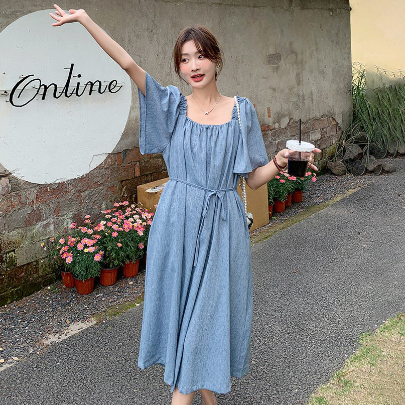 【ワンピース】夏 個性的で美しい スクエアネック 半袖ワンピース レディース 若見え リラックス感 ゆったりロングワンピース【SHシリーズ】