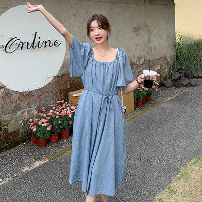 【ワンピース】夏 個性的で美しい スクエアネック 半袖ワンピース レディース 若見え リラックス感 ゆったりロングワンピース【SHシリーズ】