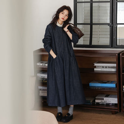 【ワンピース】秋 長袖ワンピース レディース デニム 丸首 ゆったり ミディ丈 森ガール風 文芸 ナチュラル コーデ【JZシリーズ】