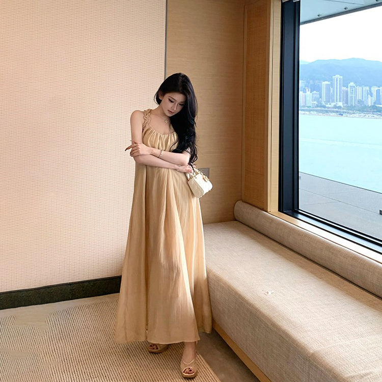 【ワンピース】リゾート風 キャミワンピース レディース 夏新作 海辺 ゆったり ノースリーブ ロングワンピース フレンチ【SHシリーズ】