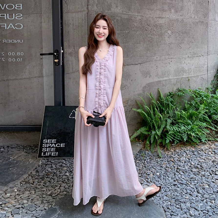 【ワンピース】フレンチ風ワンピース レディース ノースリーブ パープル フリル裾 ロング丈 マキシ丈 夏【JZシリーズ】