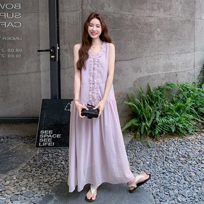 【ワンピース】フレンチ風ワンピース レディース ノースリーブ パープル フリル裾 ロング丈 マキシ丈 夏【JZシリーズ】